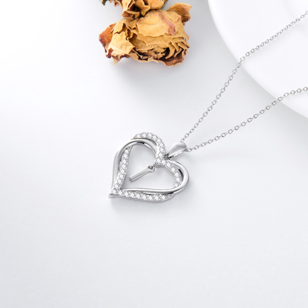 Sterling Silver Heart Shaped Cubic Zirconia Personalized Initial Letter & Heart Pendant Necklace with Initial Letter I-5