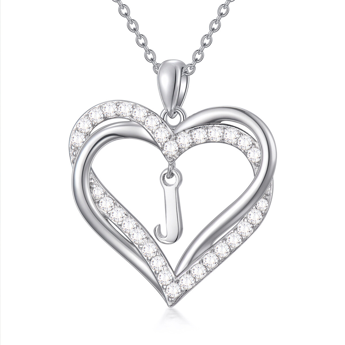 Sterling Silver Heart Shaped Cubic Zirconia Personalized Initial Letter & Heart Pendant Necklace with Initial Letter J-1