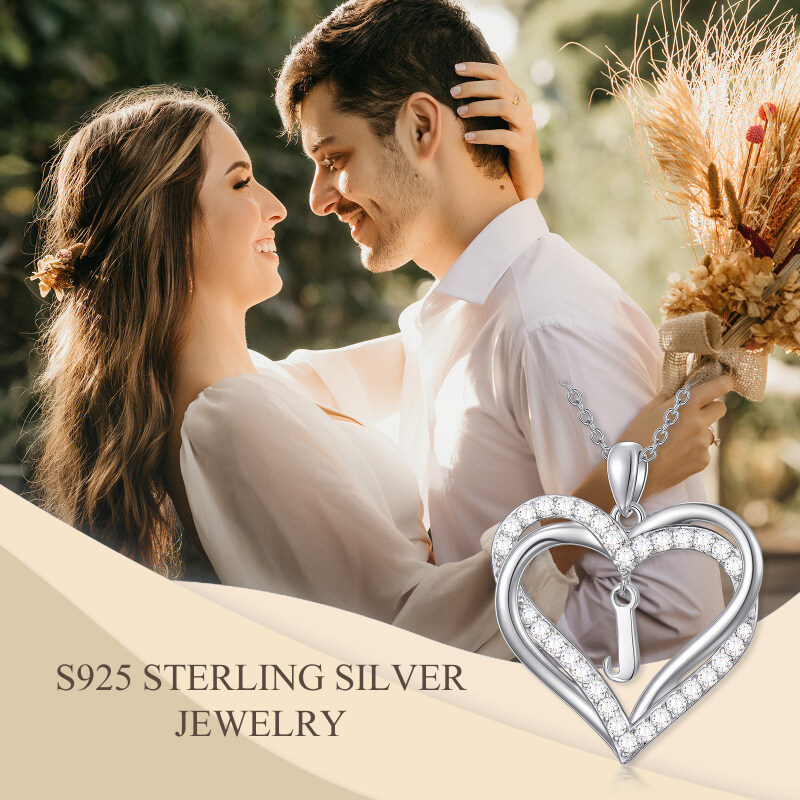 Colar com pingente de coração em prata esterlina, zircônia cúbica, letra inicial personalizada J e coração, para mulheres, melhores amigos-7