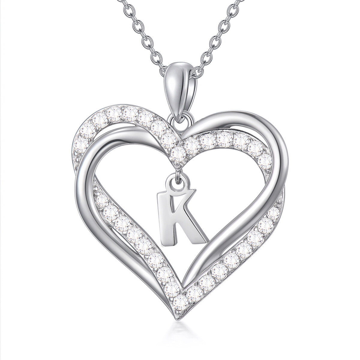 Sterling Silver Heart Shaped Cubic Zirconia Personalized Initial Letter & Heart Pendant Necklace with Initial Letter K-1