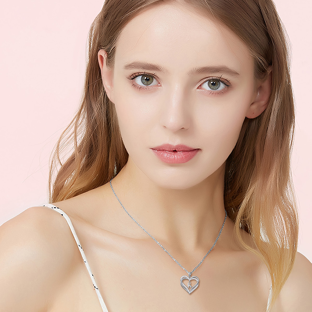 Sterling Silver Heart Shaped Cubic Zirconia Personalized Initial Letter & Heart Pendant Necklace with Initial Letter K-2