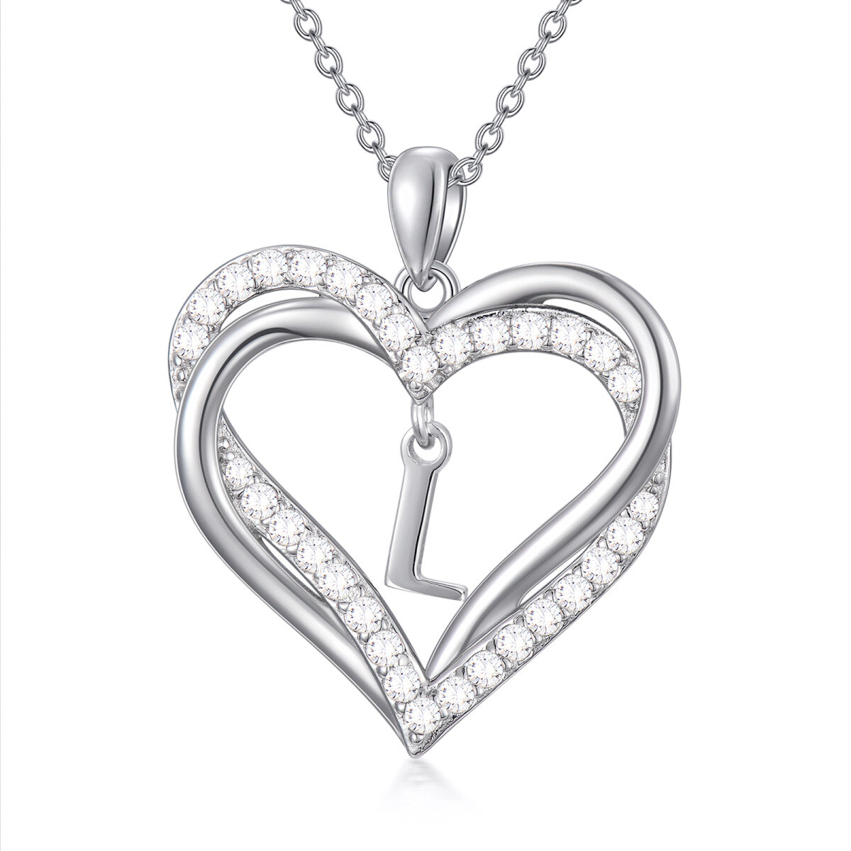 Sterling Silver Heart Shaped Cubic Zirconia Personalized Initial Letter & Heart Pendant Necklace with Initial Letter L-1