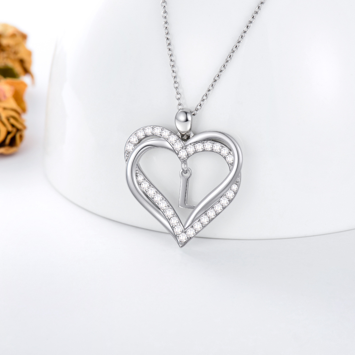 Sterling Silver Heart Shaped Cubic Zirconia Personalized Initial Letter & Heart Pendant Necklace with Initial Letter L-4