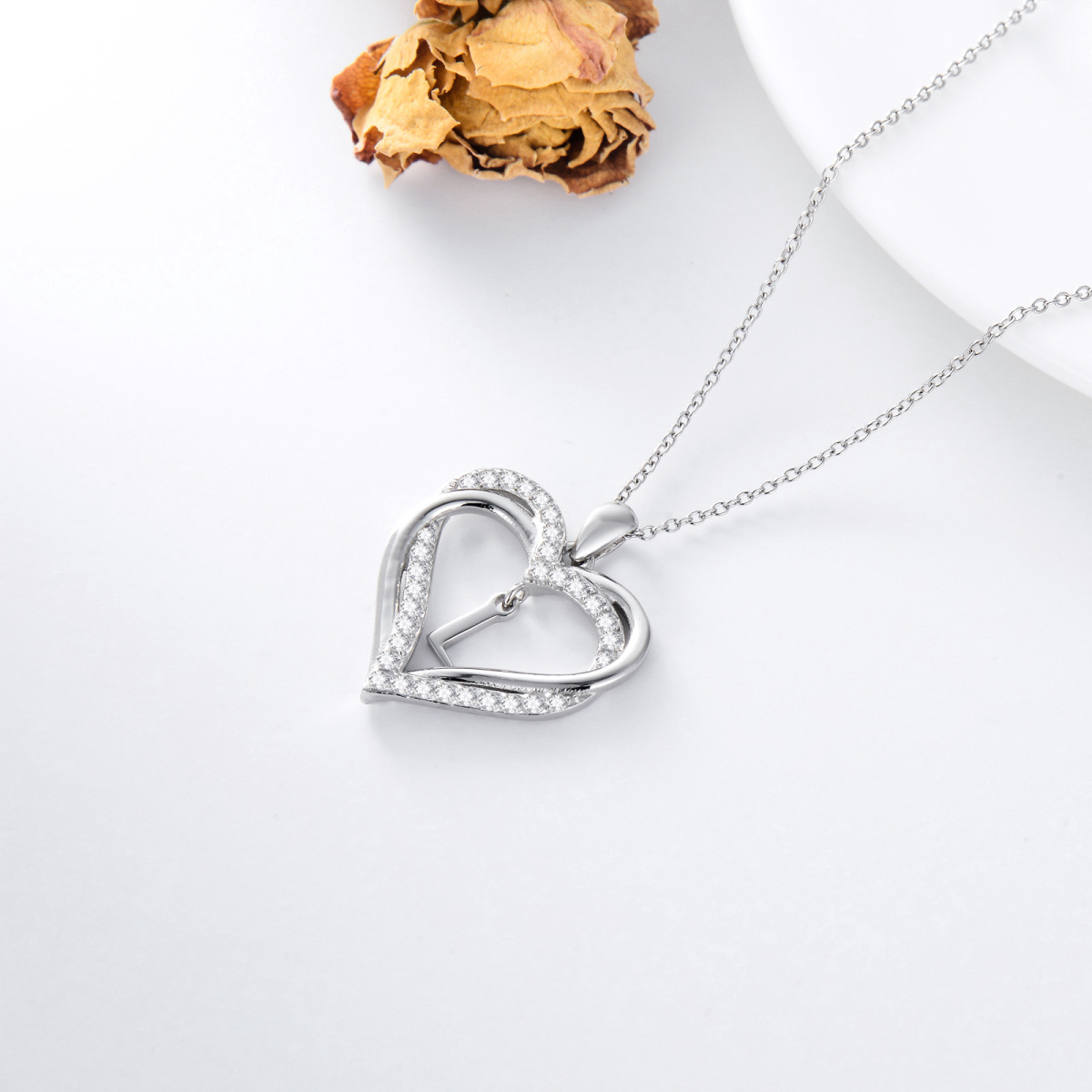 Sterling Silver Heart Shaped Cubic Zirconia Personalized Initial Letter & Heart Pendant Necklace with Initial Letter L-5