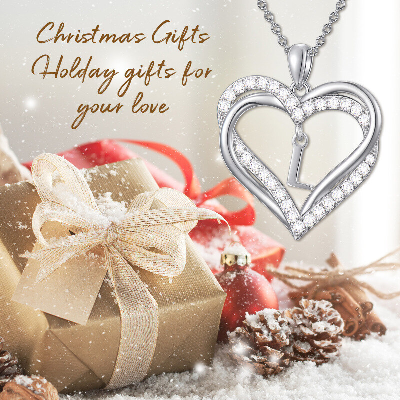 Collar con colgante de corazón de plata de ley con circonita cúbica personalizada con letra inicial L y corazón para mujeres mejores amigas-7