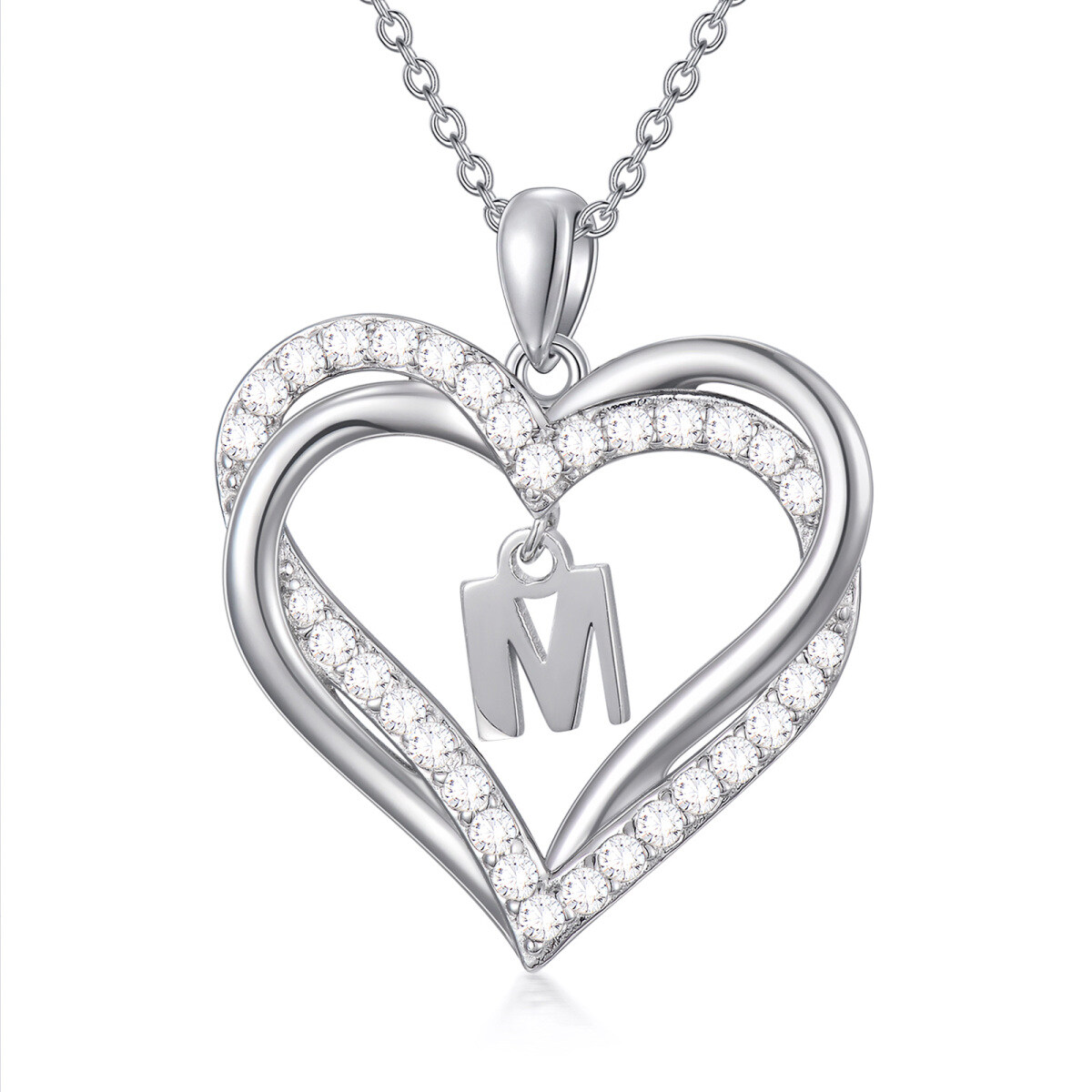 Sterling Silver Heart Shaped Cubic Zirconia Personalized Initial Letter & Heart Pendant Necklace with Initial Letter M-1