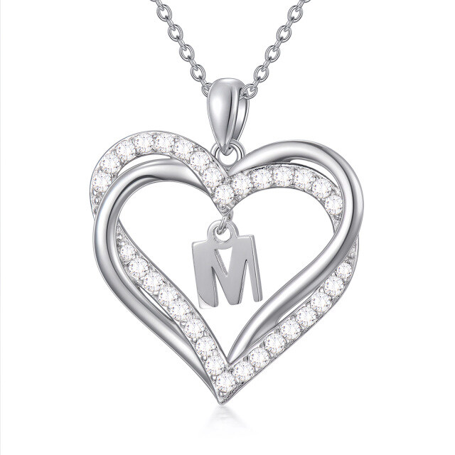 Sterling Silver Heart Shaped Cubic Zirconia Personalized Initial Letter & Heart Pendant Necklace with Initial Letter M-1