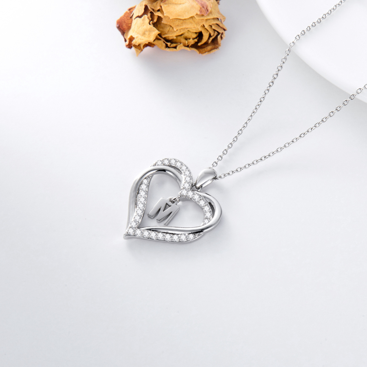 Plata de ley en forma de corazón de circonio cúbico personalizado letra inicial y el coraz-5