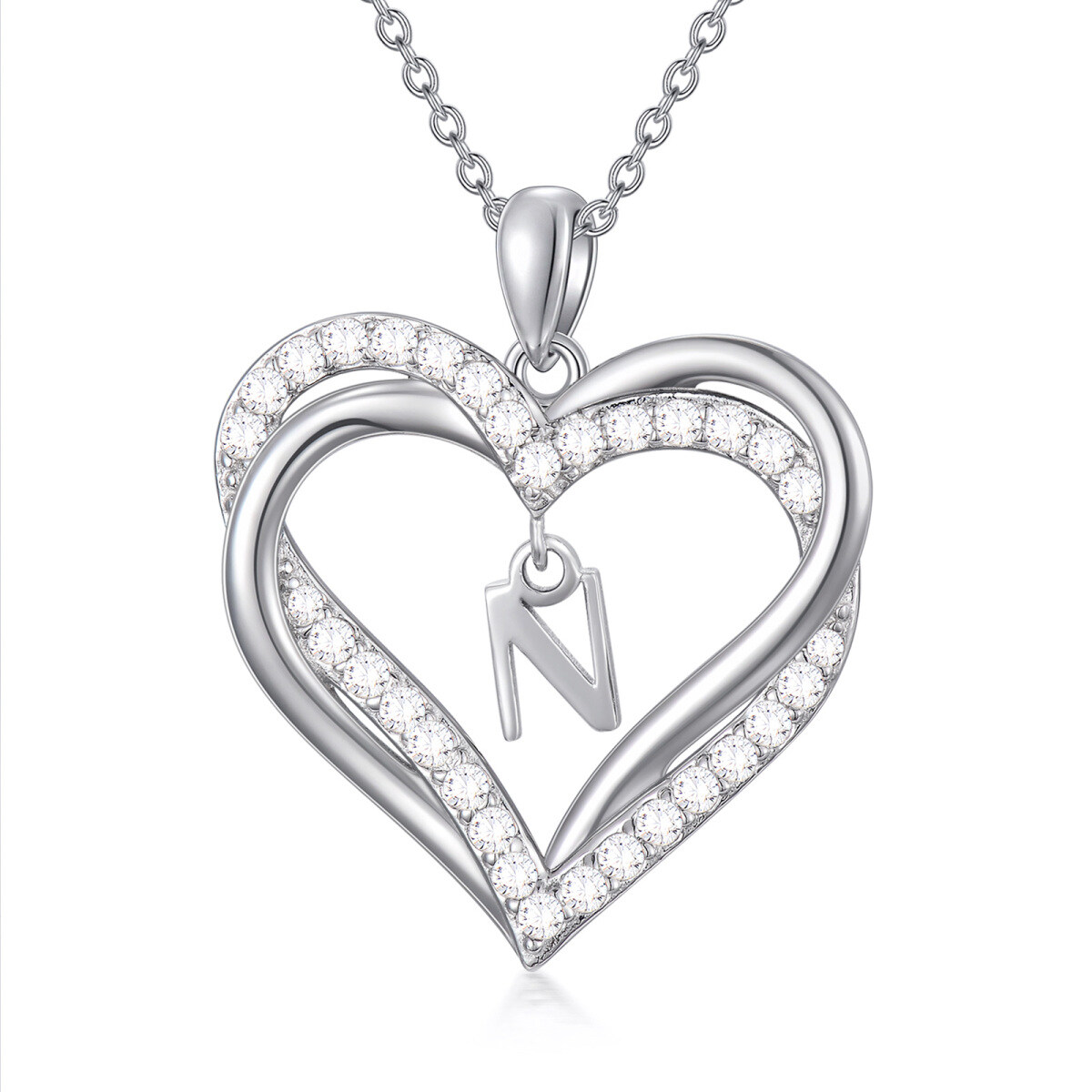 Sterling Silver Heart Shaped Cubic Zirconia Personalized Initial Letter & Heart Pendant Necklace with Initial Letter N-1