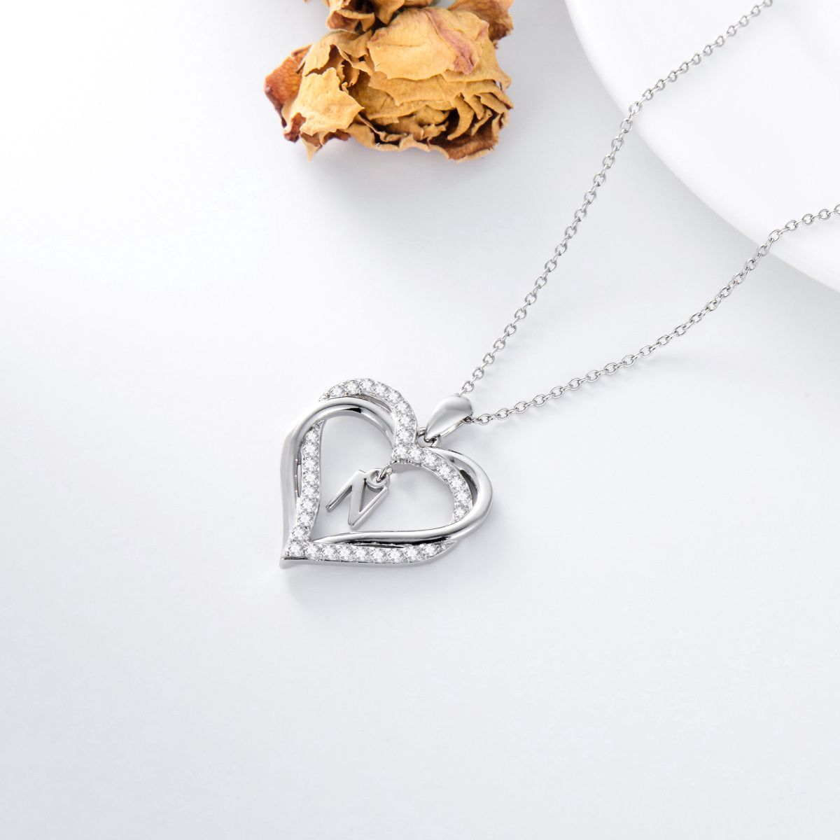 Sterling Silver Heart Shaped Cubic Zirconia Personalized Initial Letter & Heart Pendant Necklace with Initial Letter N-5