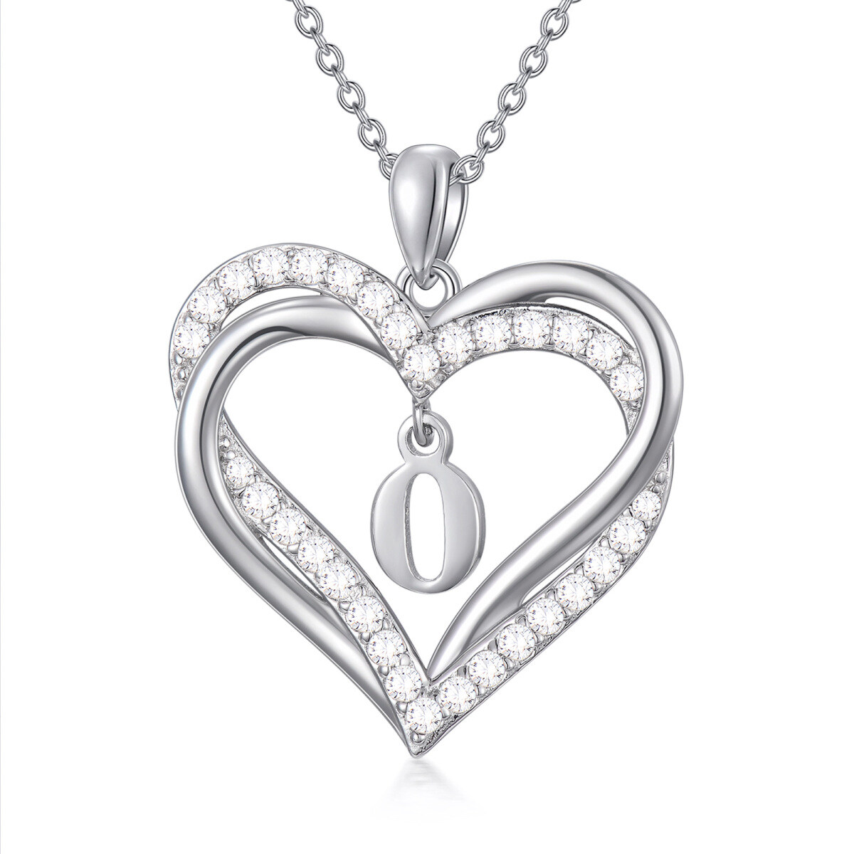 Sterling Silver Heart Shaped Cubic Zirconia Personalized Initial Letter & Heart Pendant Necklace with Initial Letter O-1