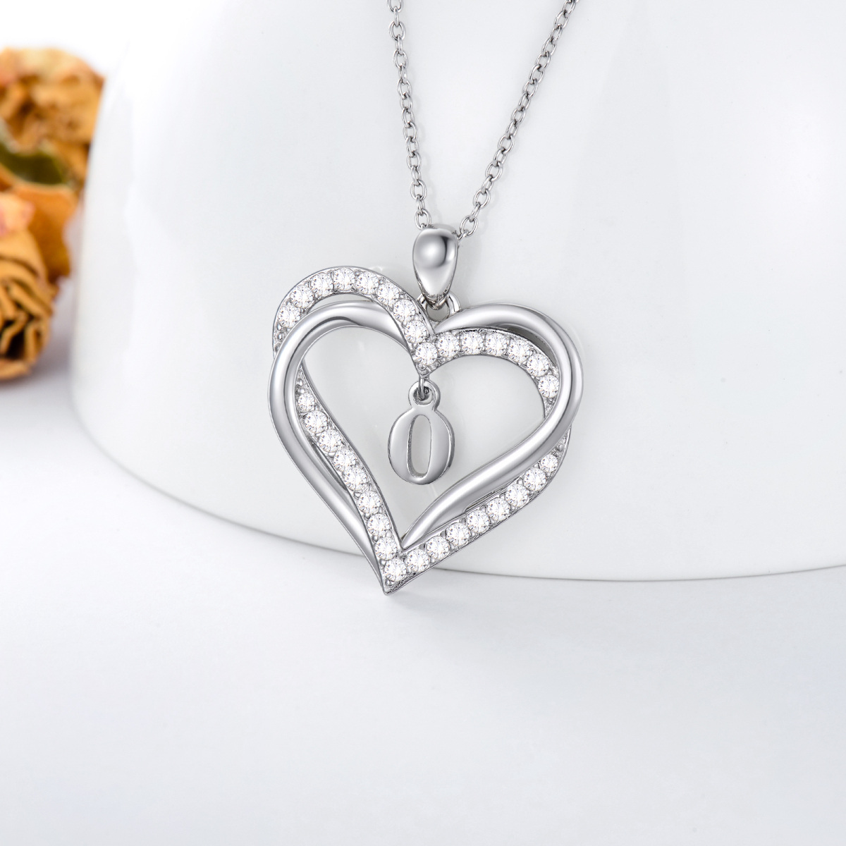 Sterling Silver Heart Shaped Cubic Zirconia Personalized Initial Letter & Heart Pendant Necklace with Initial Letter O-4