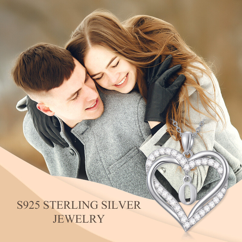 Sterling Silver Heart Cubic Zirconia Personalized Initial Letter O & Heart Pendant Necklace For Women Best Friends-6
