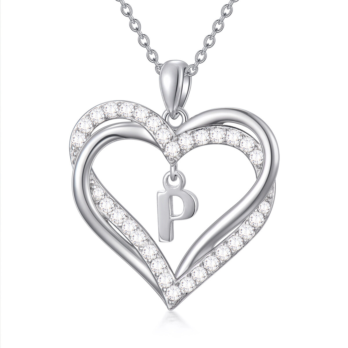 Sterling Silver Heart Shaped Cubic Zirconia Personalized Initial Letter & Heart Pendant Necklace with Initial Letter P-1