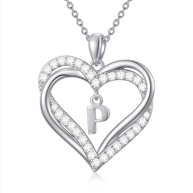 Sterling Silver Heart Shaped Cubic Zirconia Personalized Initial Letter & Heart Pendant Necklace with Initial Letter P-1