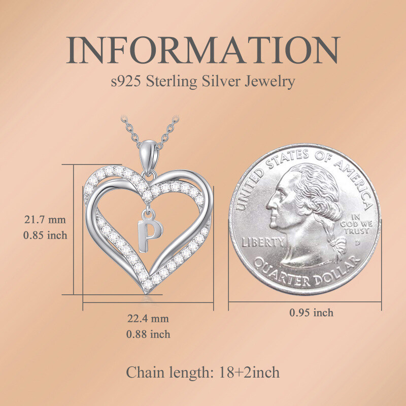 Sterling Silver Heart Cubic Zirconia Personalized Initial Letter P & Heart Pendant Necklace For Women Best Friends-3