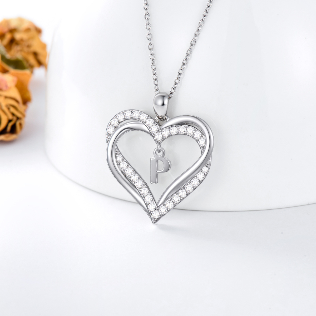 Sterling Silver Heart Shaped Cubic Zirconia Personalized Initial Letter & Heart Pendant Necklace with Initial Letter P-4