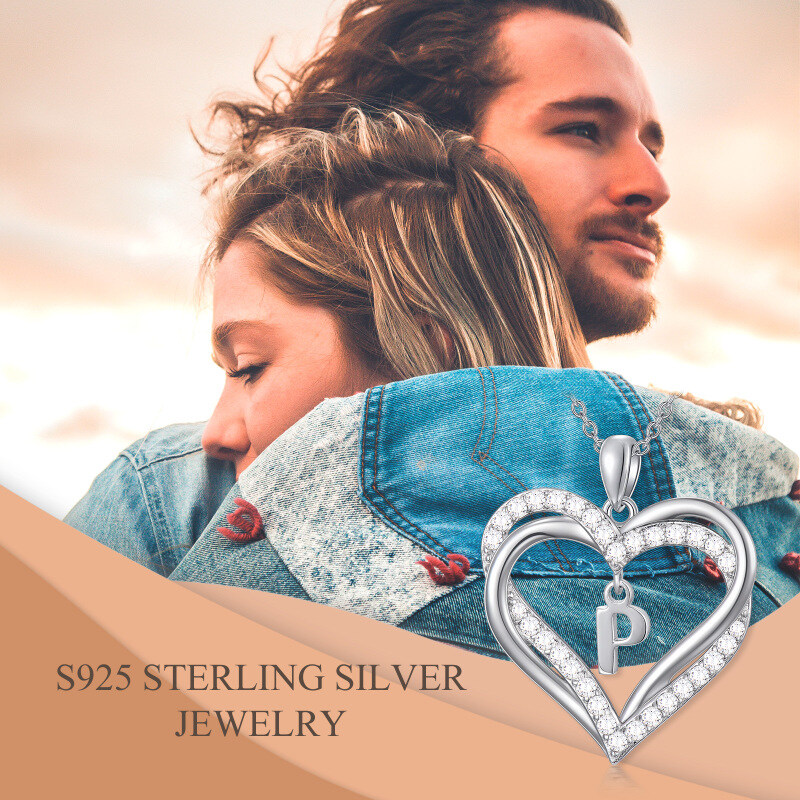 Sterling Silver Heart Cubic Zirconia Personalized Initial Letter P & Heart Pendant Necklace For Women Best Friends-6