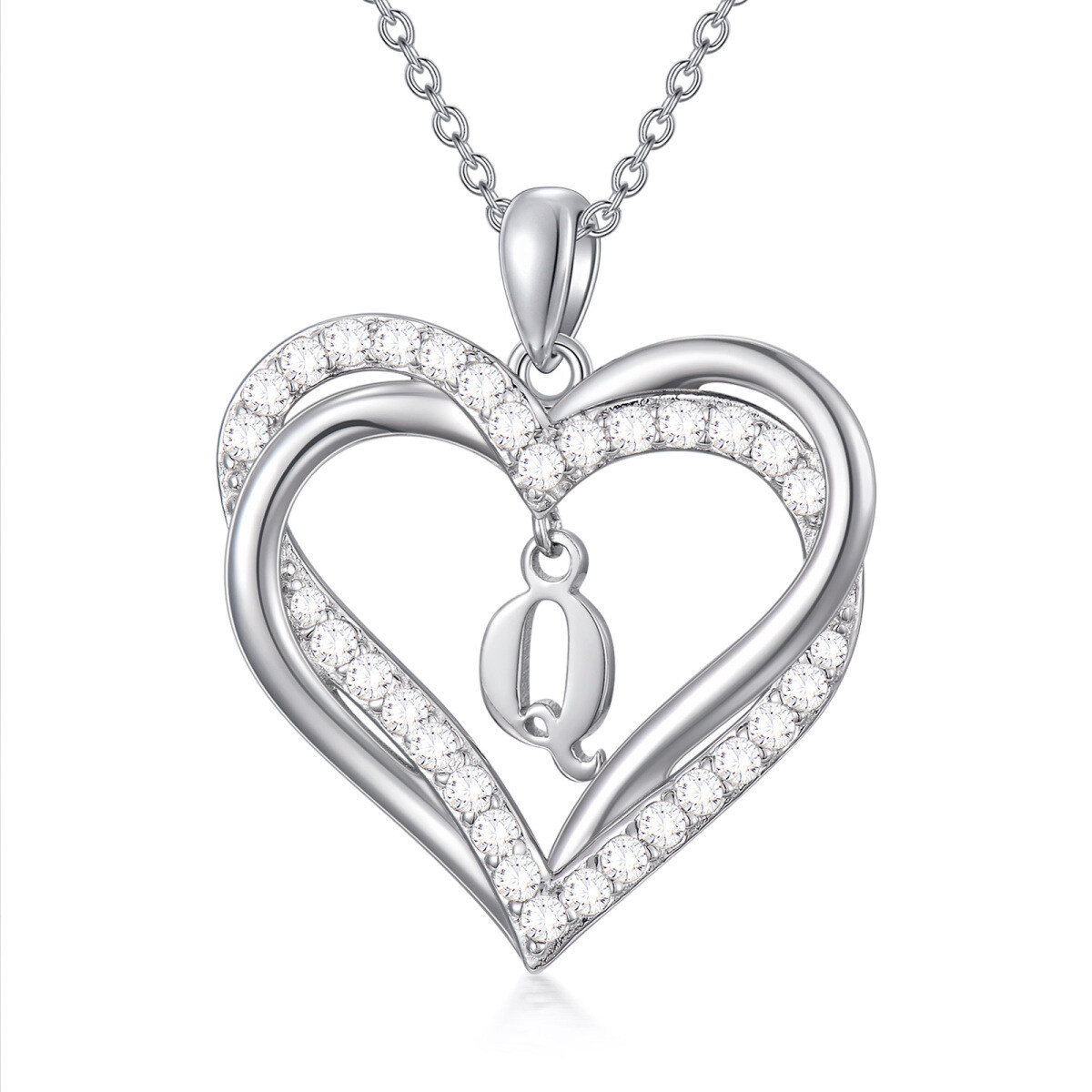 Sterling Silver Heart Shaped Cubic Zirconia Personalized Initial Letter & Heart Pendant Necklace with Initial Letter Q-1