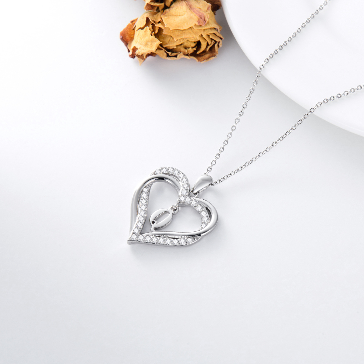 Sterling Silver Heart Shaped Cubic Zirconia Personalized Initial Letter & Heart Pendant Necklace with Initial Letter Q-5