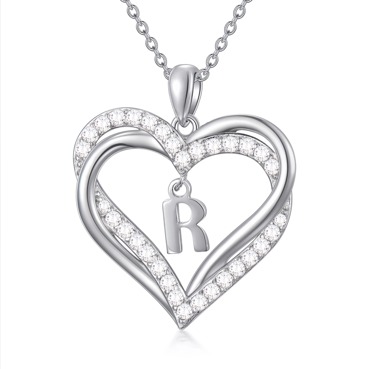 Sterling Silver Heart Shaped Cubic Zirconia Personalized Initial Letter & Heart Pendant Necklace with Initial Letter R-1