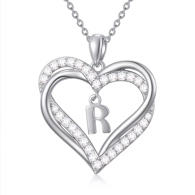 Sterling zilveren hartvormige cubic zirconia gepersonaliseerde initiaal letter & hart hang-1