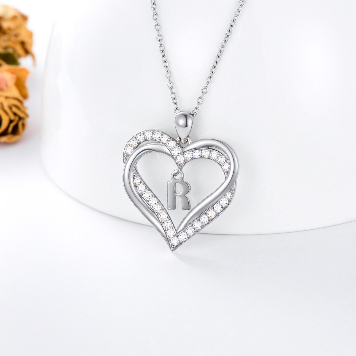 Sterling Silver Heart Shaped Cubic Zirconia Personalized Initial Letter & Heart Pendant Necklace with Initial Letter R-4