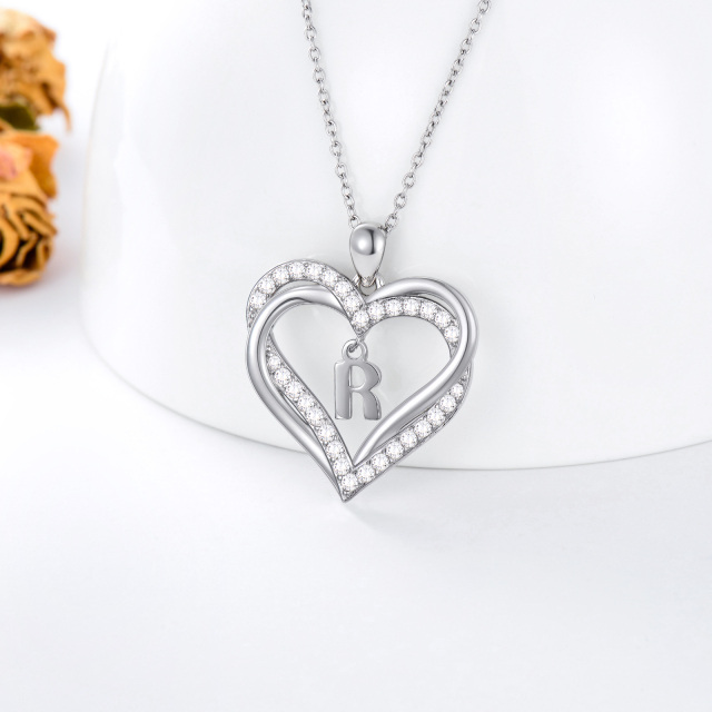 Sterling Silver Heart Shaped Cubic Zirconia Personalized Initial Letter & Heart Pendant Necklace with Initial Letter R-4