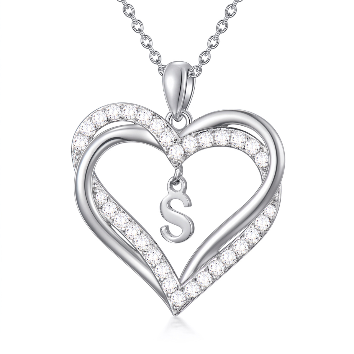 Sterling Silver Heart Shaped Cubic Zirconia Personalized Initial Letter & Heart Pendant Necklace with Initial Letter S-1