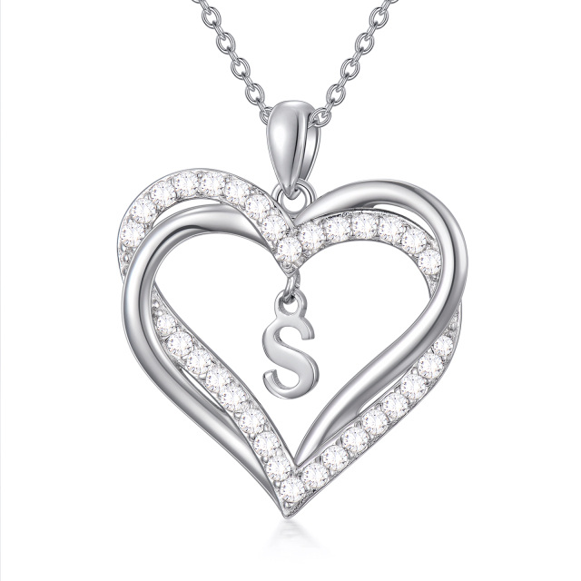 Collier en argent sterling avec lettre initiale et pendentif en forme de coeur et zircon c-1