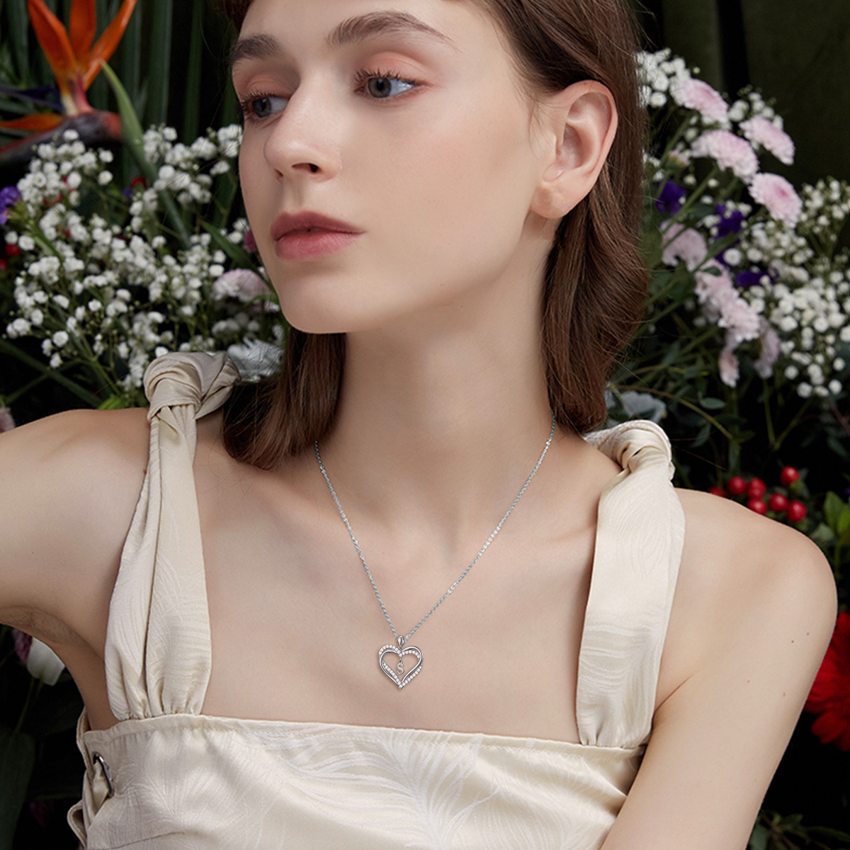 Sterling Silver Heart Shaped Cubic Zirconia Personalized Initial Letter & Heart Pendant Necklace with Initial Letter S-2