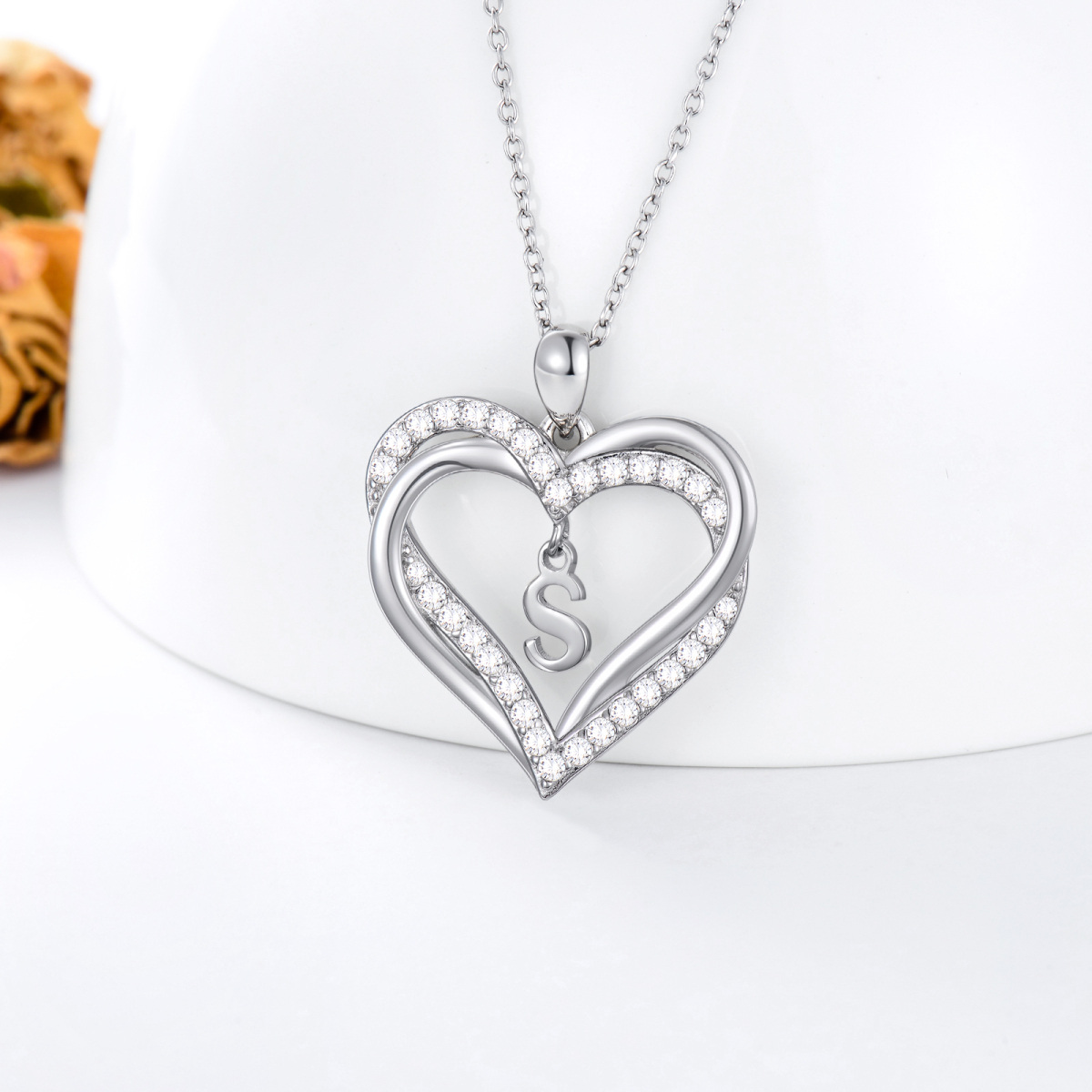 Sterling Silver Heart Shaped Cubic Zirconia Personalized Initial Letter & Heart Pendant Necklace with Initial Letter S-4