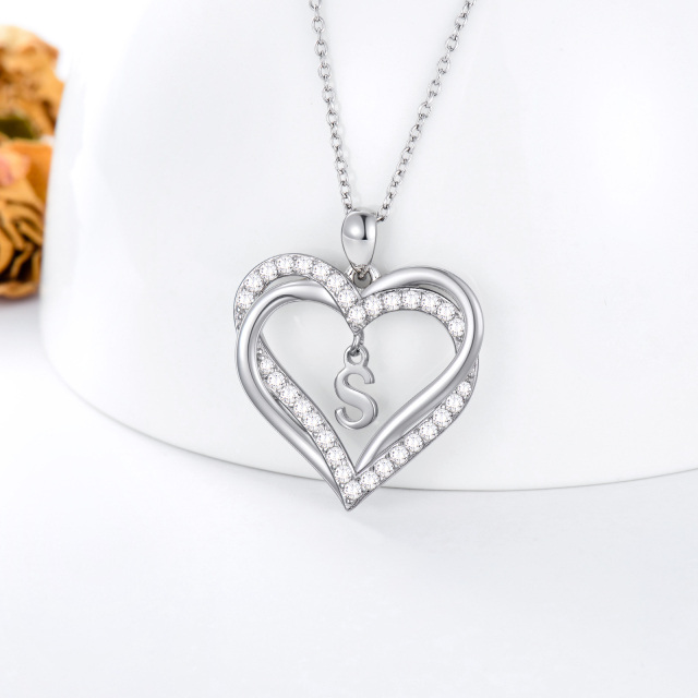 Sterling Silver Heart Shaped Cubic Zirconia Personalized Initial Letter & Heart Pendant Necklace with Initial Letter S-4