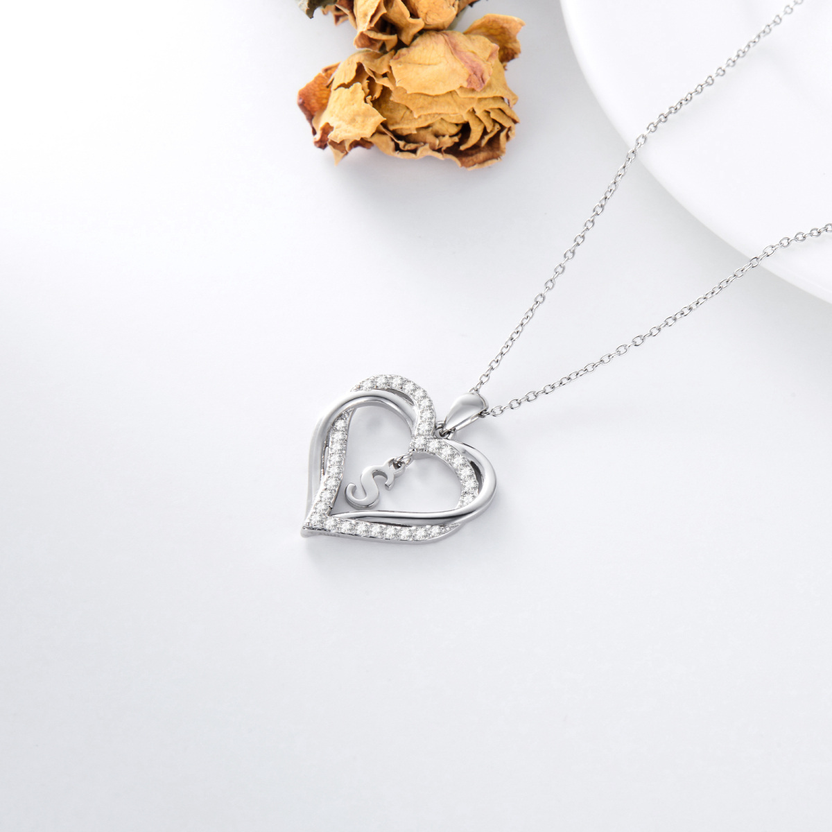 Sterling Silver Heart Shaped Cubic Zirconia Personalized Initial Letter & Heart Pendant Necklace with Initial Letter S-5