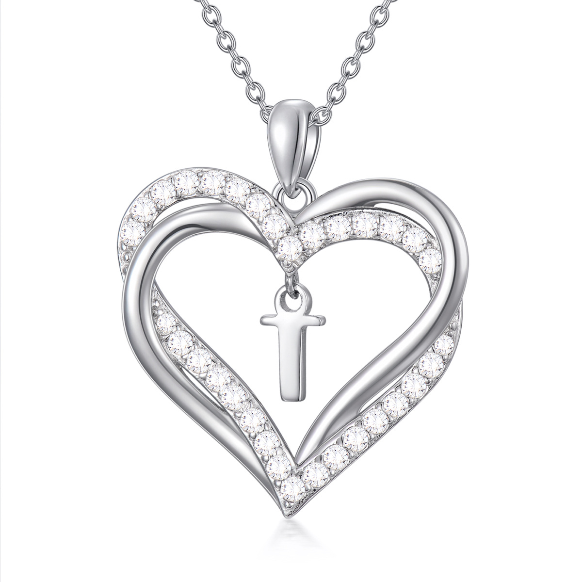 Sterling Silver Heart Shaped Cubic Zirconia Personalized Initial Letter & Heart Pendant Necklace with Initial Letter T-1