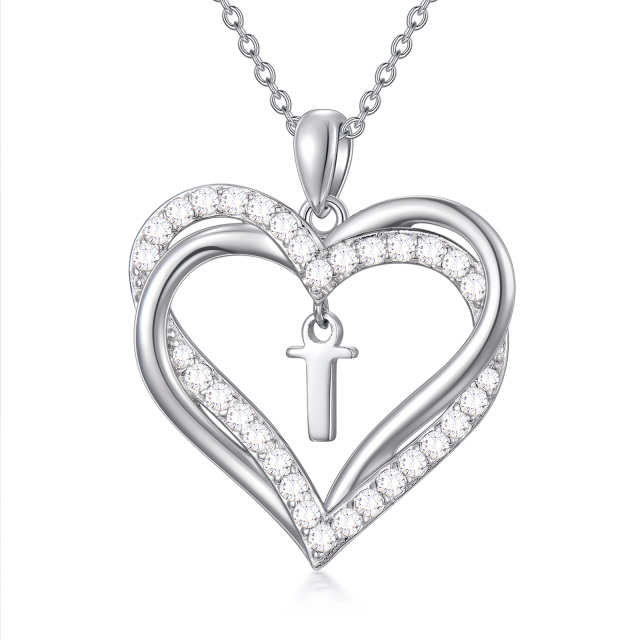 Sterling zilveren hartvormige cubic zirconia gepersonaliseerde initiaal letter & hart hang-1