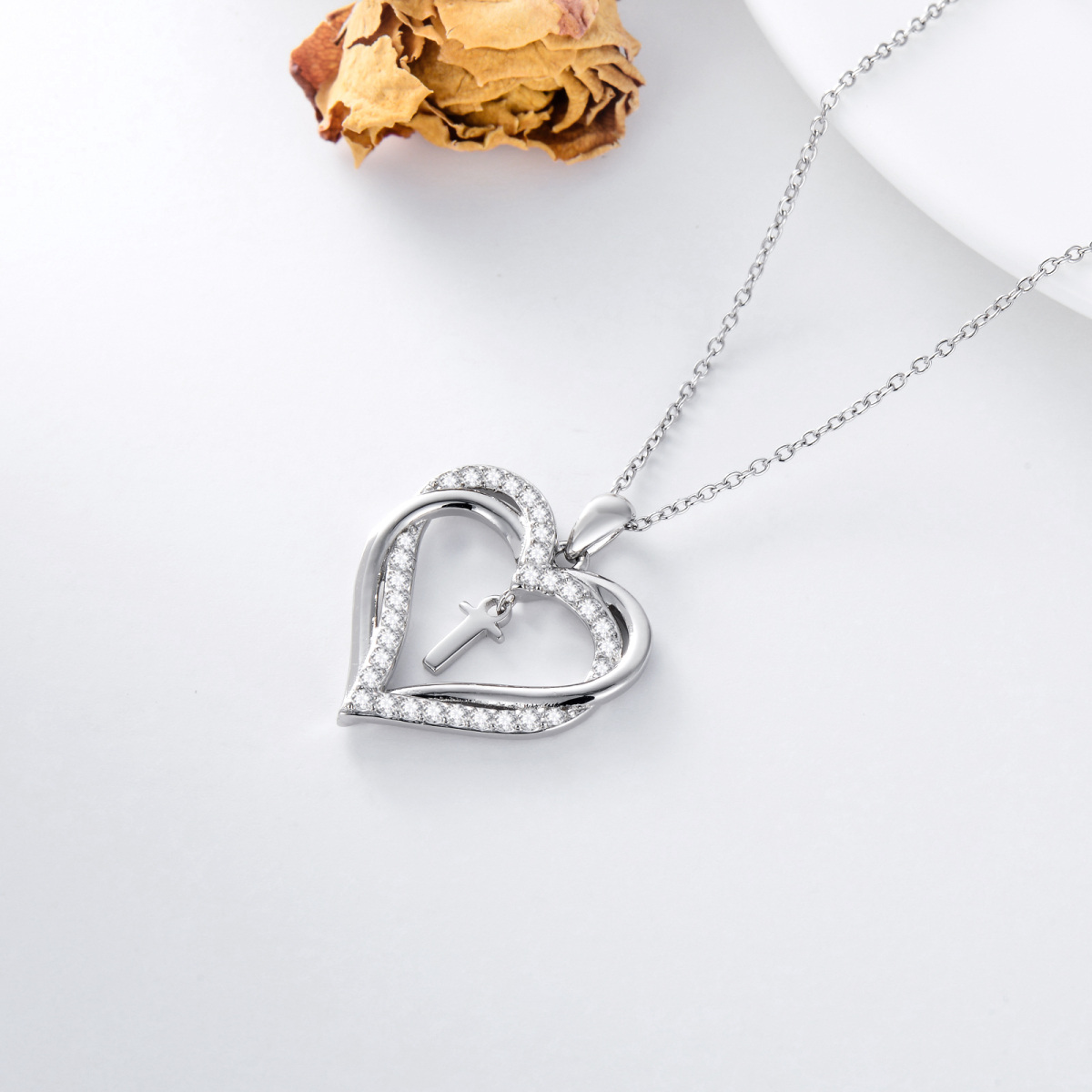 Sterling Silver Heart Shaped Cubic Zirconia Personalized Initial Letter & Heart Pendant Necklace with Initial Letter T-5