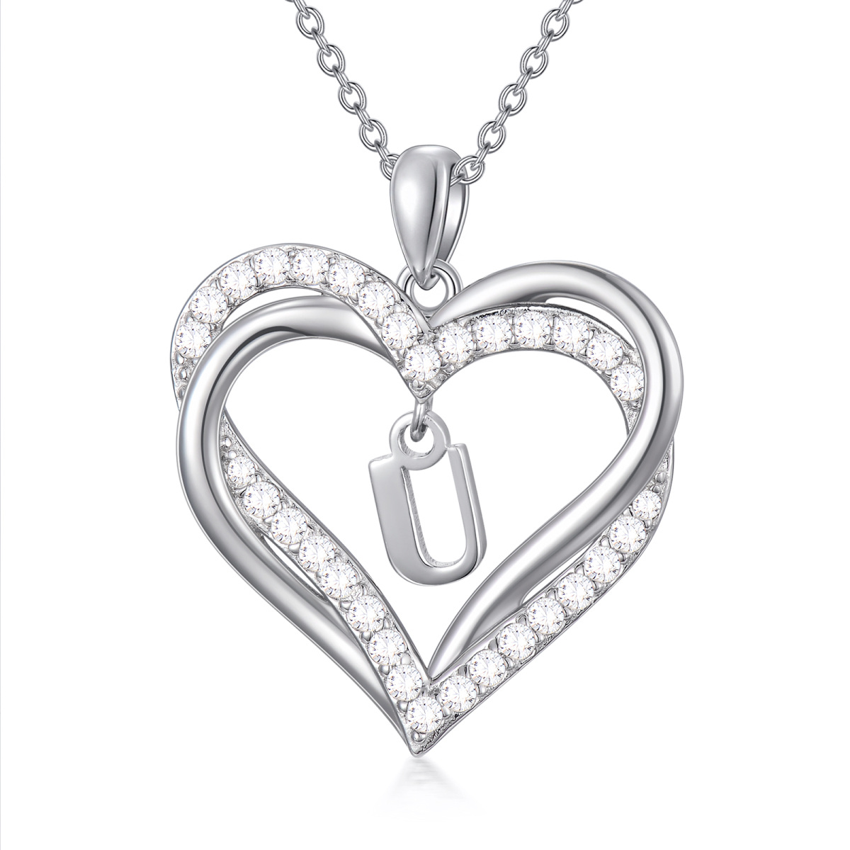 Sterling Silver Heart Shaped Cubic Zirconia Personalized Initial Letter & Heart Pendant Necklace with Initial Letter U-1