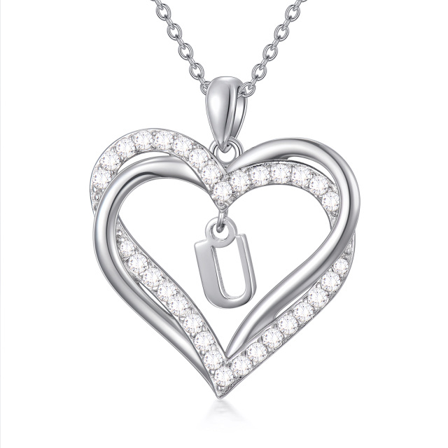 Sterling Silver Heart Shaped Cubic Zirconia Personalized Initial Letter & Heart Pendant Necklace with Initial Letter U-1