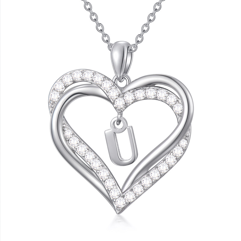Sterling Silver Heart Cubic Zirconia Personalized Initial Letter U & Heart Pendant Necklace For Women Best Friends-1