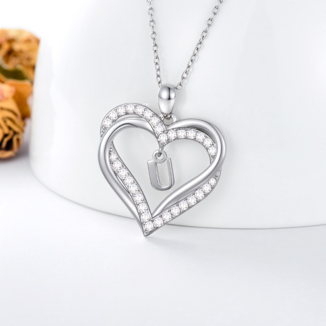 Sterling Silver Heart Shaped Cubic Zirconia Personalized Initial Letter & Heart Pendant Necklace with Initial Letter U-4