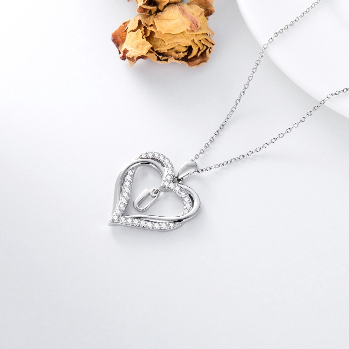 Sterling Silver Heart Shaped Cubic Zirconia Personalized Initial Letter & Heart Pendant Necklace with Initial Letter U-5