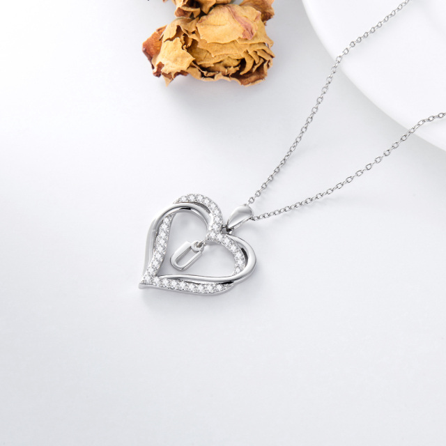 Sterling Silver Heart Shaped Cubic Zirconia Personalized Initial Letter & Heart Pendant Necklace with Initial Letter U-5