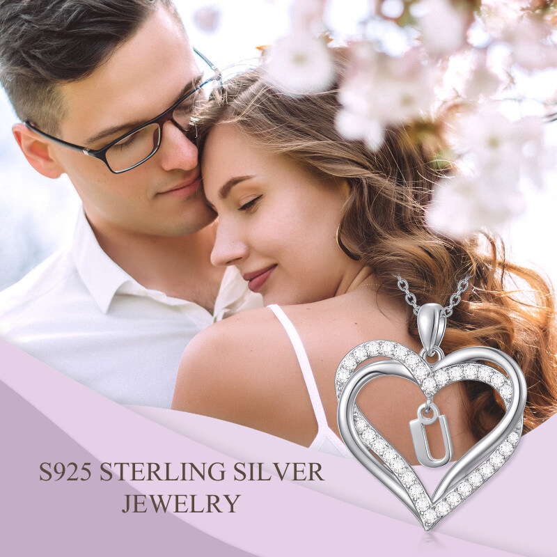 Sterling Silver Heart Cubic Zirconia Personalized Initial Letter U & Heart Pendant Necklace For Women Best Friends-7