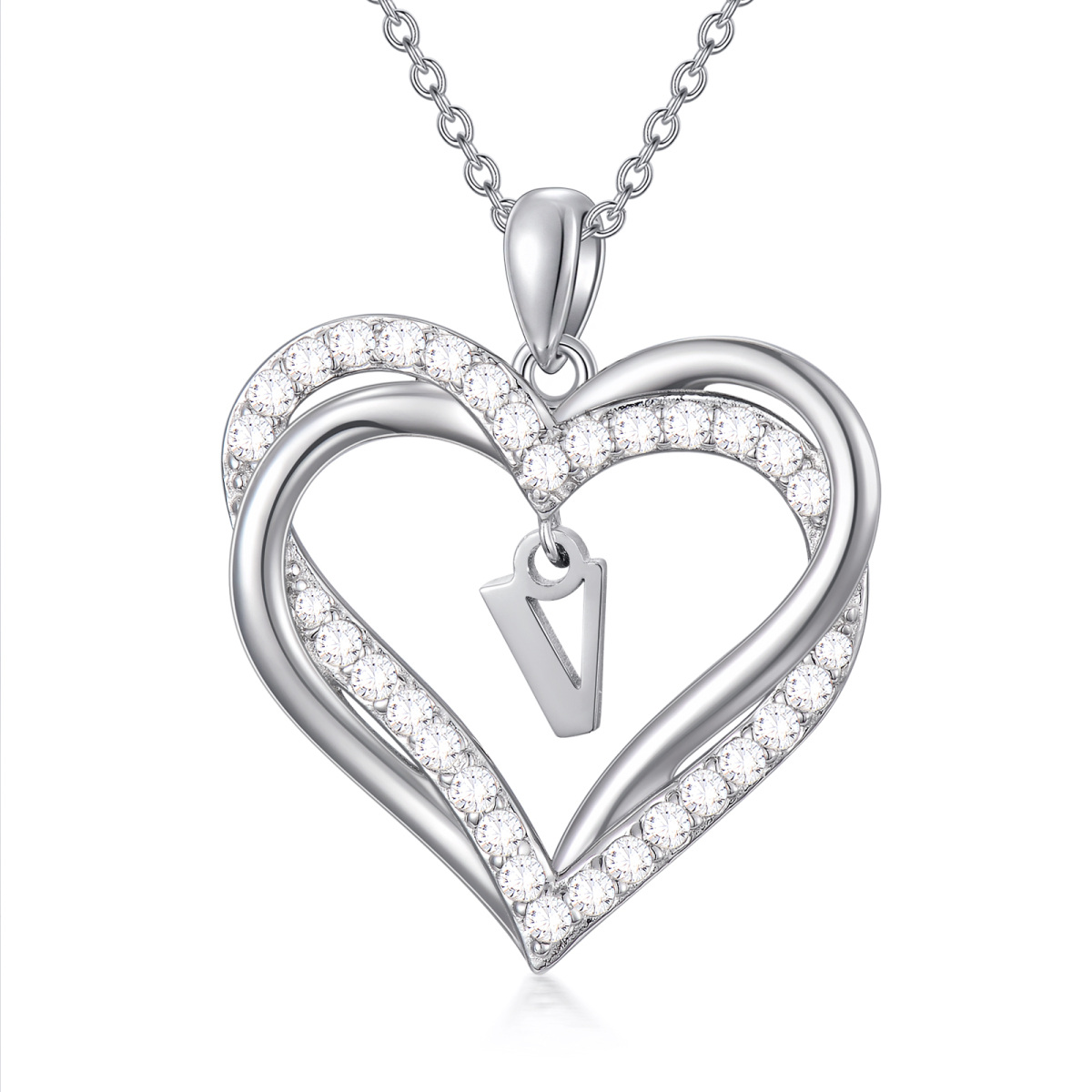 Collier en argent sterling avec lettre initiale V et pendentif en forme de coeur avec zirc-1