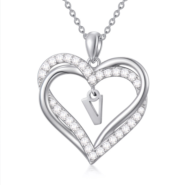 Sterling zilveren hartvormige cubic zirconia gepersonaliseerde initiaal letter & hart hang-1