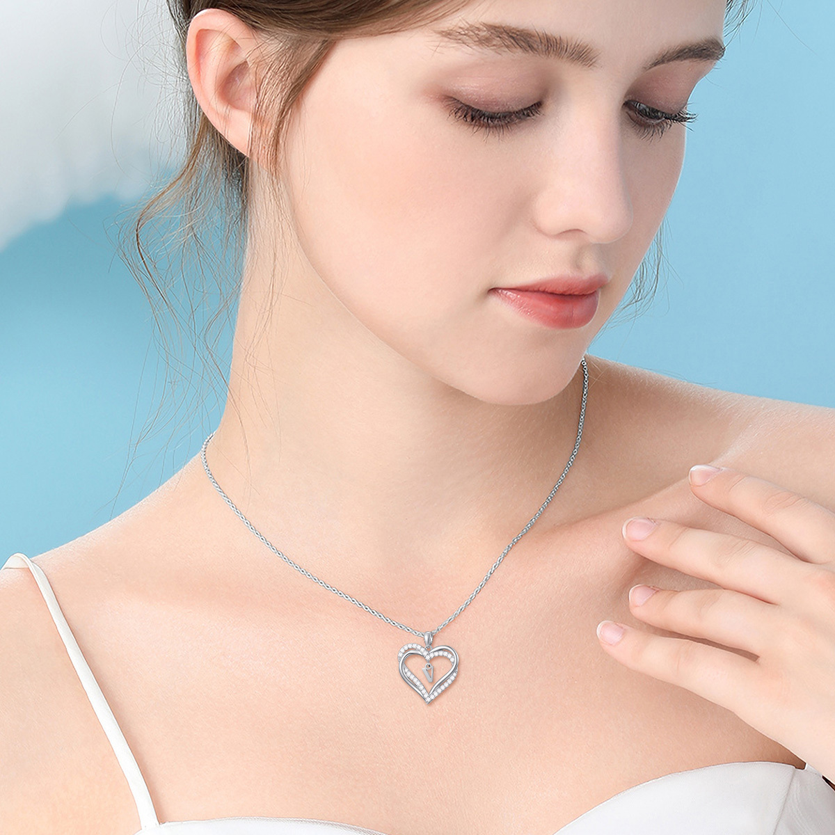 Sterling Silver Heart Shaped Cubic Zirconia Personalized Initial Letter & Heart Pendant Necklace with Initial Letter V-2