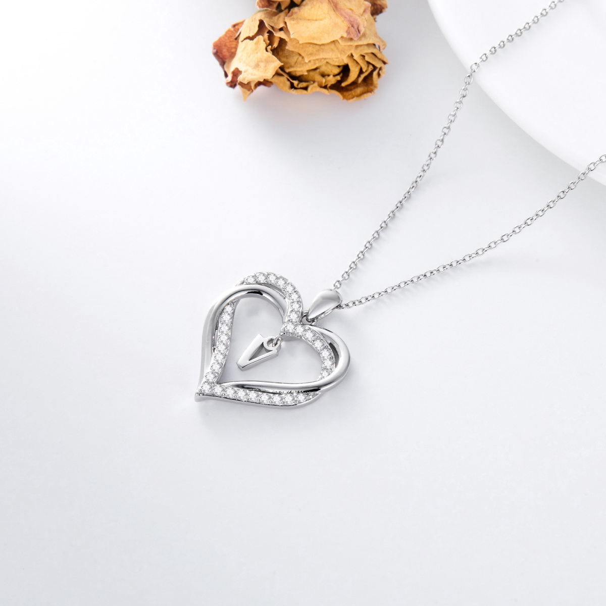 Sterling Silver Heart Shaped Cubic Zirconia Personalized Initial Letter & Heart Pendant Necklace with Initial Letter V-5