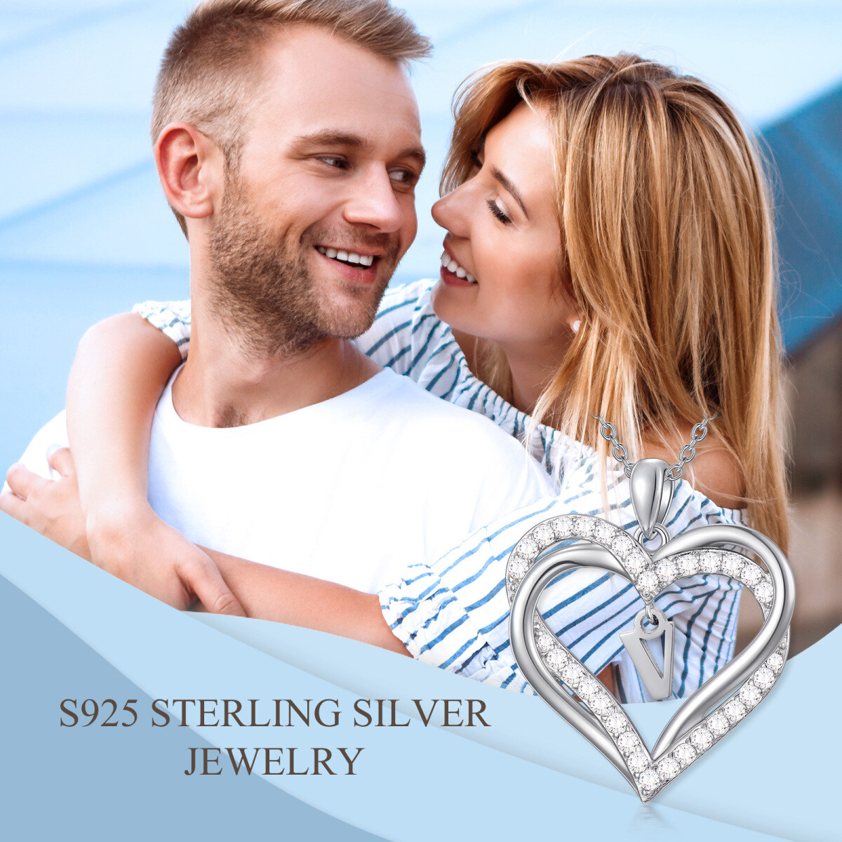 Sterling Silver Heart Shaped Cubic Zirconia Personalized Initial Letter & Heart Pendant Necklace with Initial Letter V-6