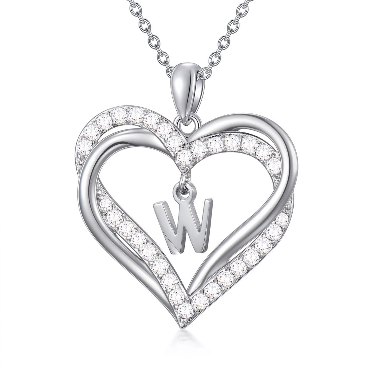 Sterling Silver Heart Shaped Cubic Zirconia Personalized Initial Letter & Heart Pendant Necklace with Initial Letter W-1